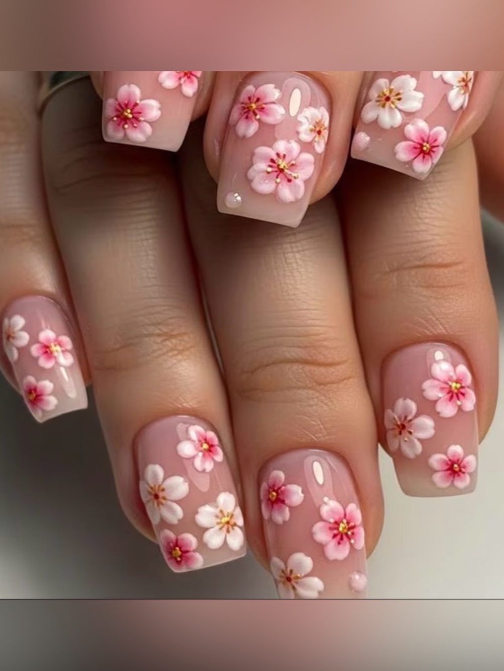 Spring Pink Cherry Blossom 3D Floral Acrylic Nails